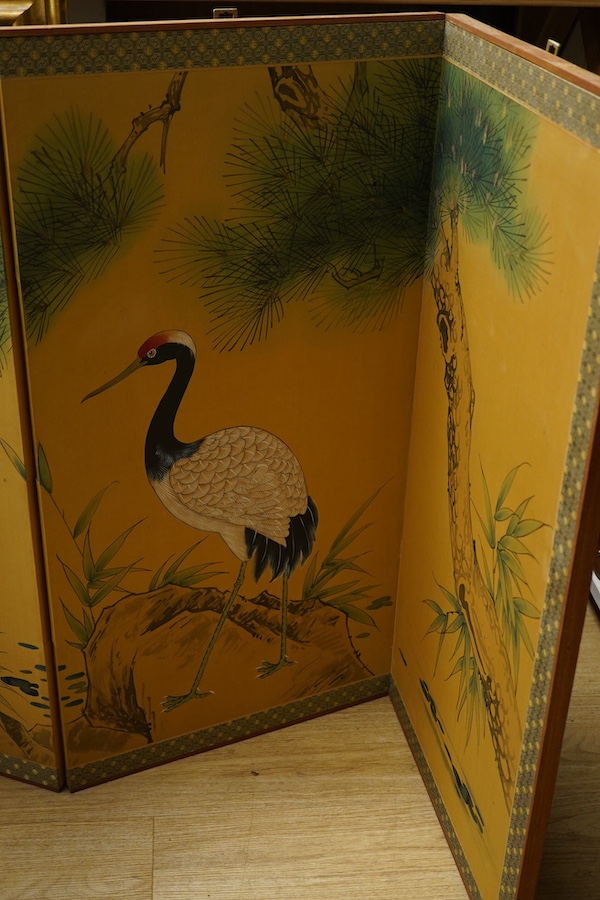 A Chinese silk painting, bird amongst flowers and a four fold screen, largest 89cm high
